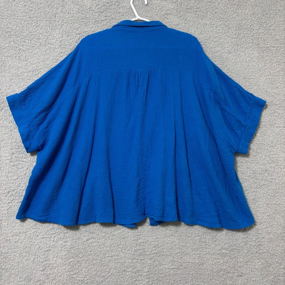 Oversized Cotton Gauze Button Up Shirt Lightweight Relaxed Fit 2X/3X Royal Blue - Picture 6 of 11